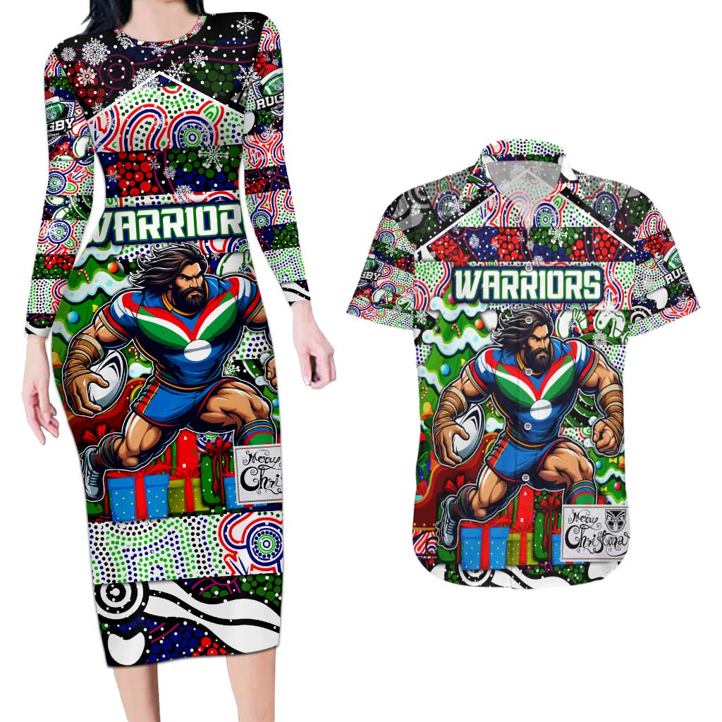 Custom New Zealand Warriors Rugby Merry Christmas Couples Matching Long Sleeve Bodycon Dress and Hawaiian Shirt Indigenous Australian Art