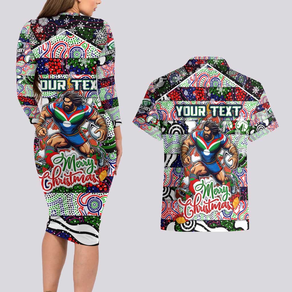 Custom New Zealand Warriors Rugby Merry Christmas Couples Matching Long Sleeve Bodycon Dress and Hawaiian Shirt Indigenous Australian Art