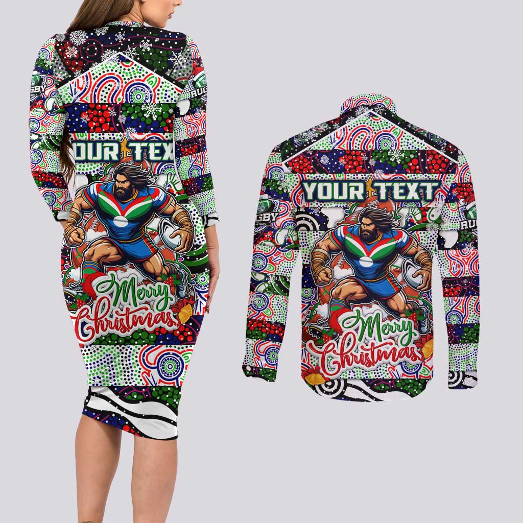 Custom New Zealand Warriors Rugby Merry Christmas Couples Matching Long Sleeve Bodycon Dress and Long Sleeve Button Shirt Indigenous Australian Art