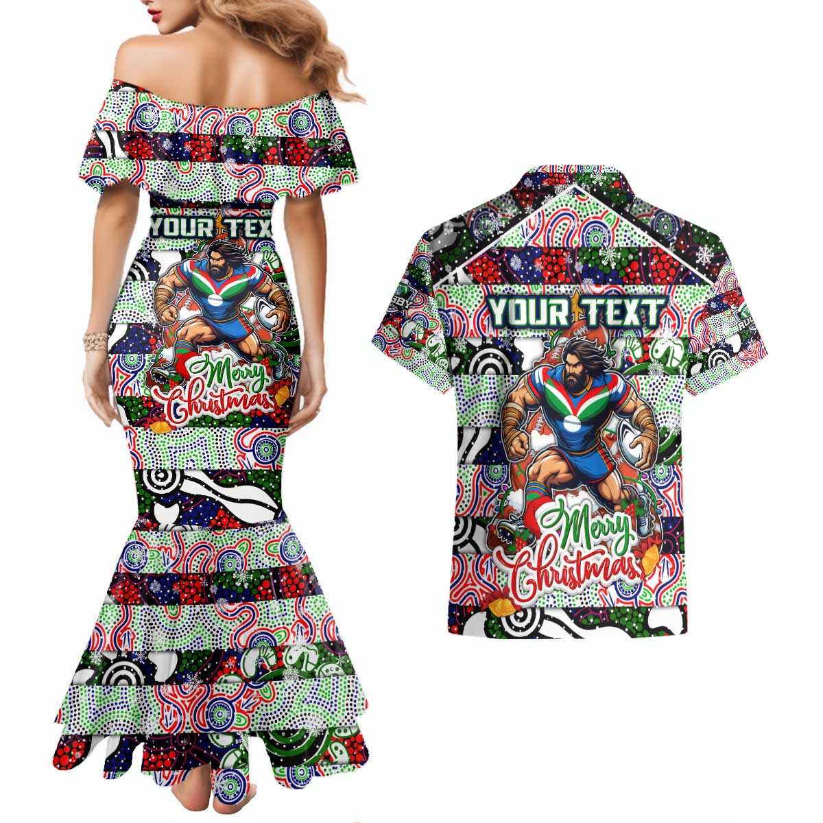 Custom New Zealand Warriors Rugby Merry Christmas Couples Matching Mermaid Dress and Hawaiian Shirt Indigenous Australian Art