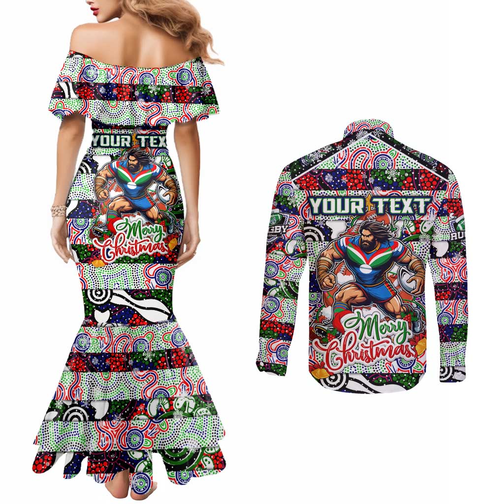 Custom New Zealand Warriors Rugby Merry Christmas Couples Matching Mermaid Dress and Long Sleeve Button Shirt Indigenous Australian Art