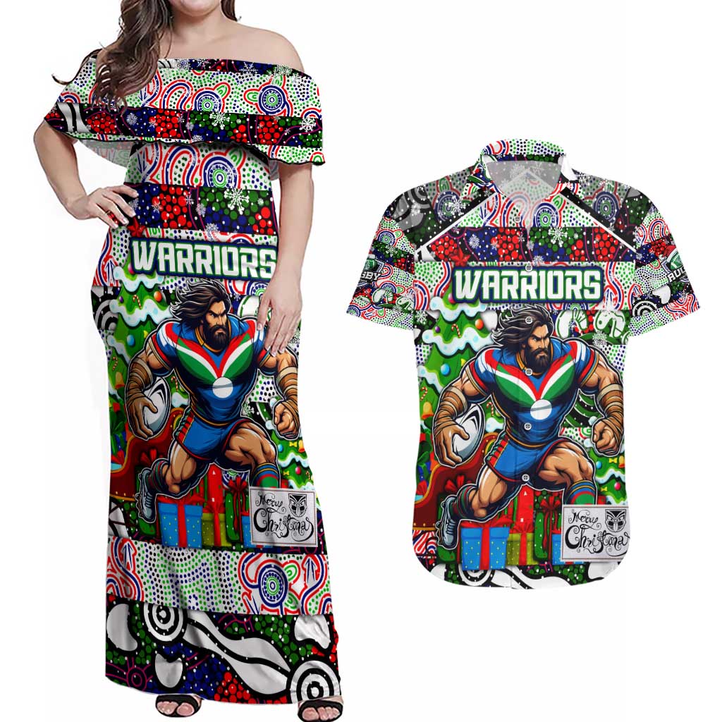 Custom New Zealand Warriors Rugby Merry Christmas Couples Matching Off Shoulder Maxi Dress and Hawaiian Shirt Indigenous Australian Art