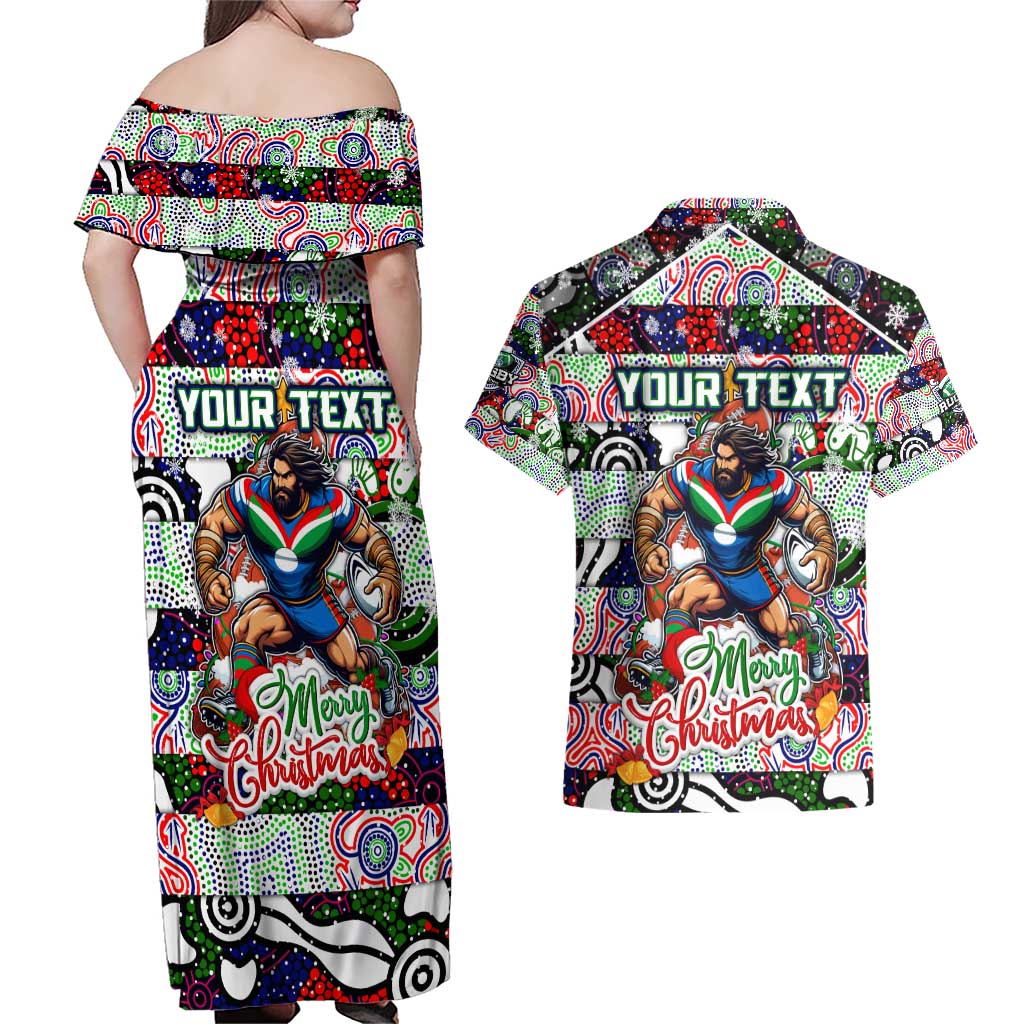 Custom New Zealand Warriors Rugby Merry Christmas Couples Matching Off Shoulder Maxi Dress and Hawaiian Shirt Indigenous Australian Art