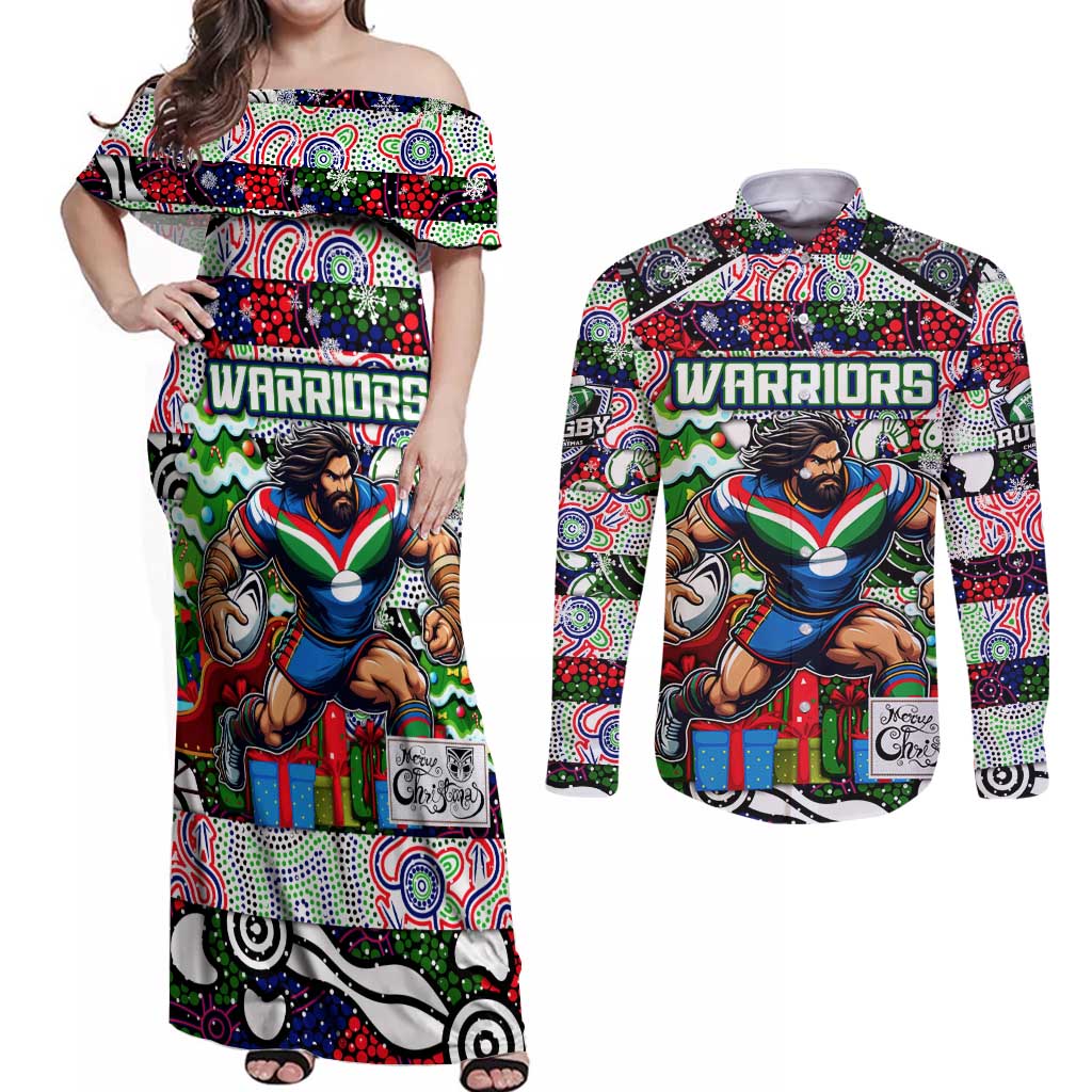 Custom New Zealand Warriors Rugby Merry Christmas Couples Matching Off Shoulder Maxi Dress and Long Sleeve Button Shirt Indigenous Australian Art