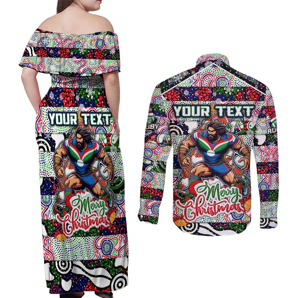 Custom New Zealand Warriors Rugby Merry Christmas Couples Matching Off Shoulder Maxi Dress and Long Sleeve Button Shirt Indigenous Australian Art