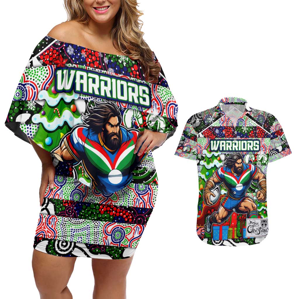 Custom New Zealand Warriors Rugby Merry Christmas Couples Matching Off Shoulder Short Dress and Hawaiian Shirt Indigenous Australian Art