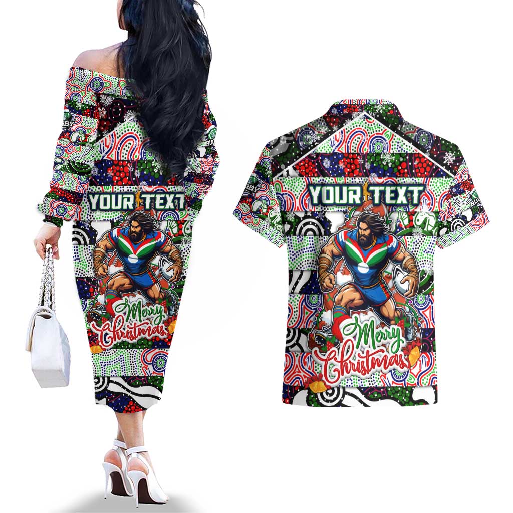 Custom New Zealand Warriors Rugby Merry Christmas Couples Matching Off The Shoulder Long Sleeve Dress and Hawaiian Shirt Indigenous Australian Art