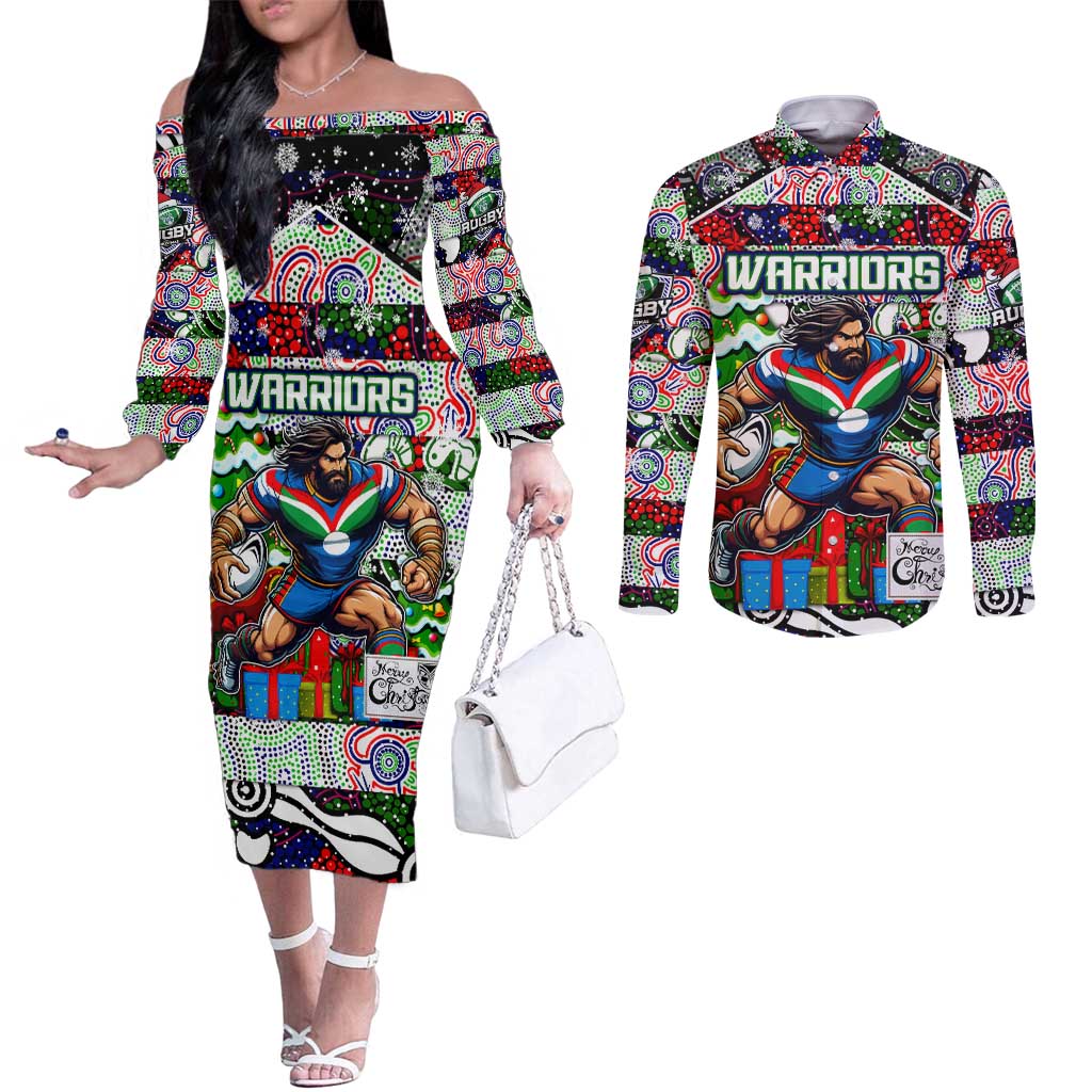 Custom New Zealand Warriors Rugby Merry Christmas Couples Matching Off The Shoulder Long Sleeve Dress and Long Sleeve Button Shirt Indigenous Australian Art