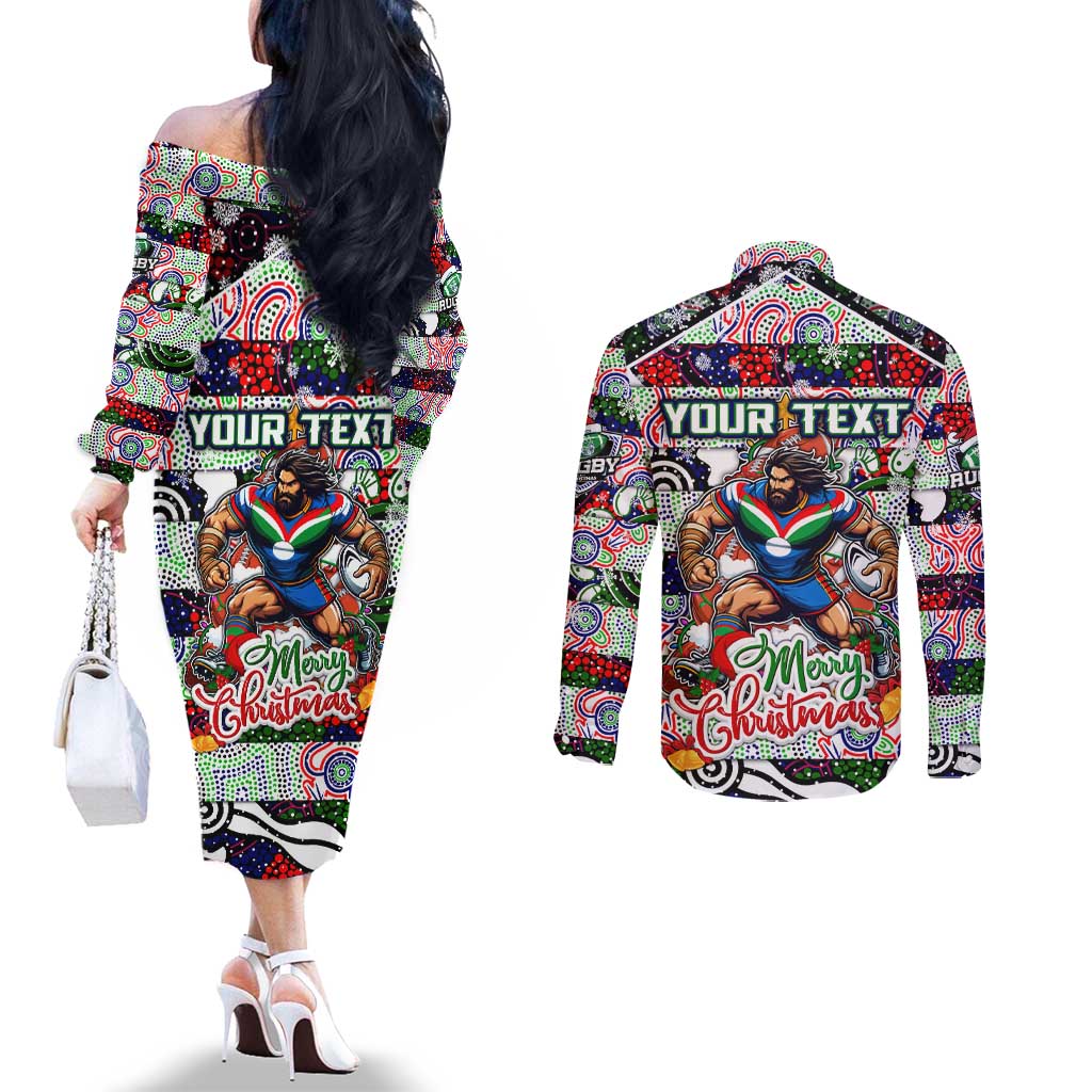 Custom New Zealand Warriors Rugby Merry Christmas Couples Matching Off The Shoulder Long Sleeve Dress and Long Sleeve Button Shirt Indigenous Australian Art