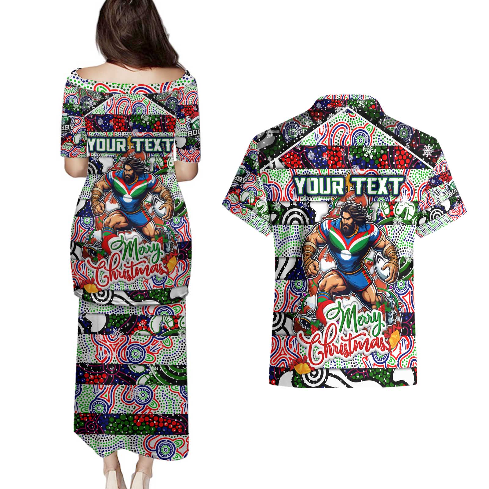 Custom New Zealand Warriors Rugby Merry Christmas Couples Matching Puletasi and Hawaiian Shirt Indigenous Australian Art