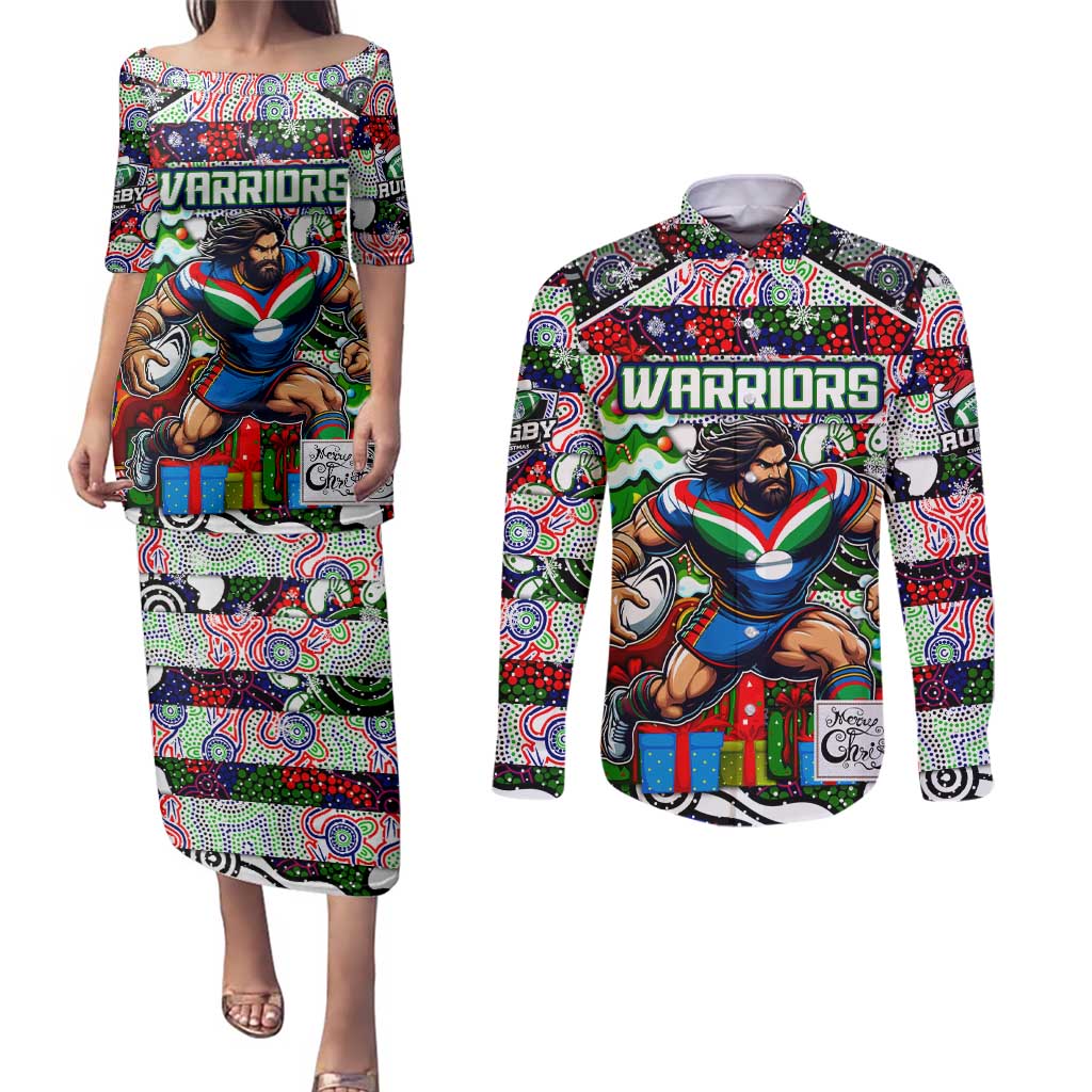 Custom New Zealand Warriors Rugby Merry Christmas Couples Matching Puletasi and Long Sleeve Button Shirt Indigenous Australian Art