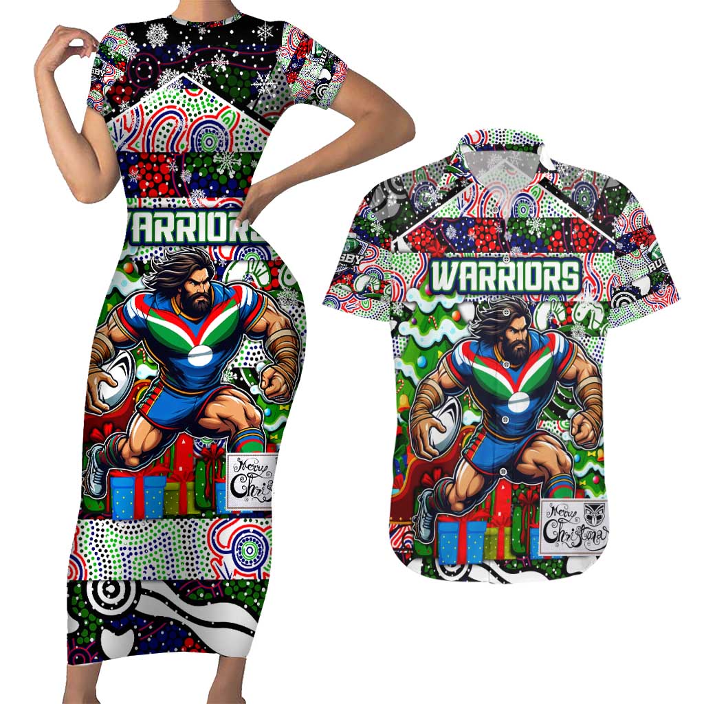 Custom New Zealand Warriors Rugby Merry Christmas Couples Matching Short Sleeve Bodycon Dress and Hawaiian Shirt Indigenous Australian Art
