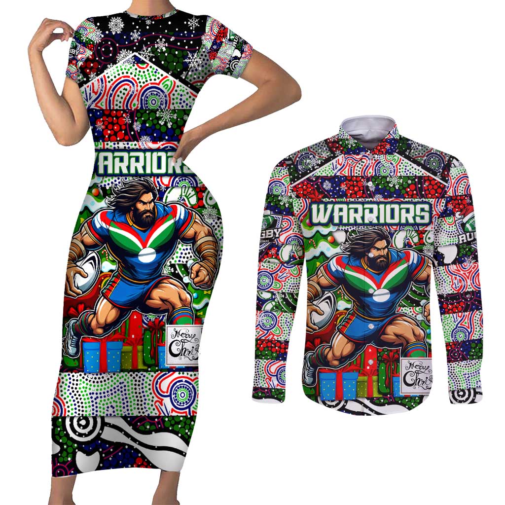 Custom New Zealand Warriors Rugby Merry Christmas Couples Matching Short Sleeve Bodycon Dress and Long Sleeve Button Shirt Indigenous Australian Art