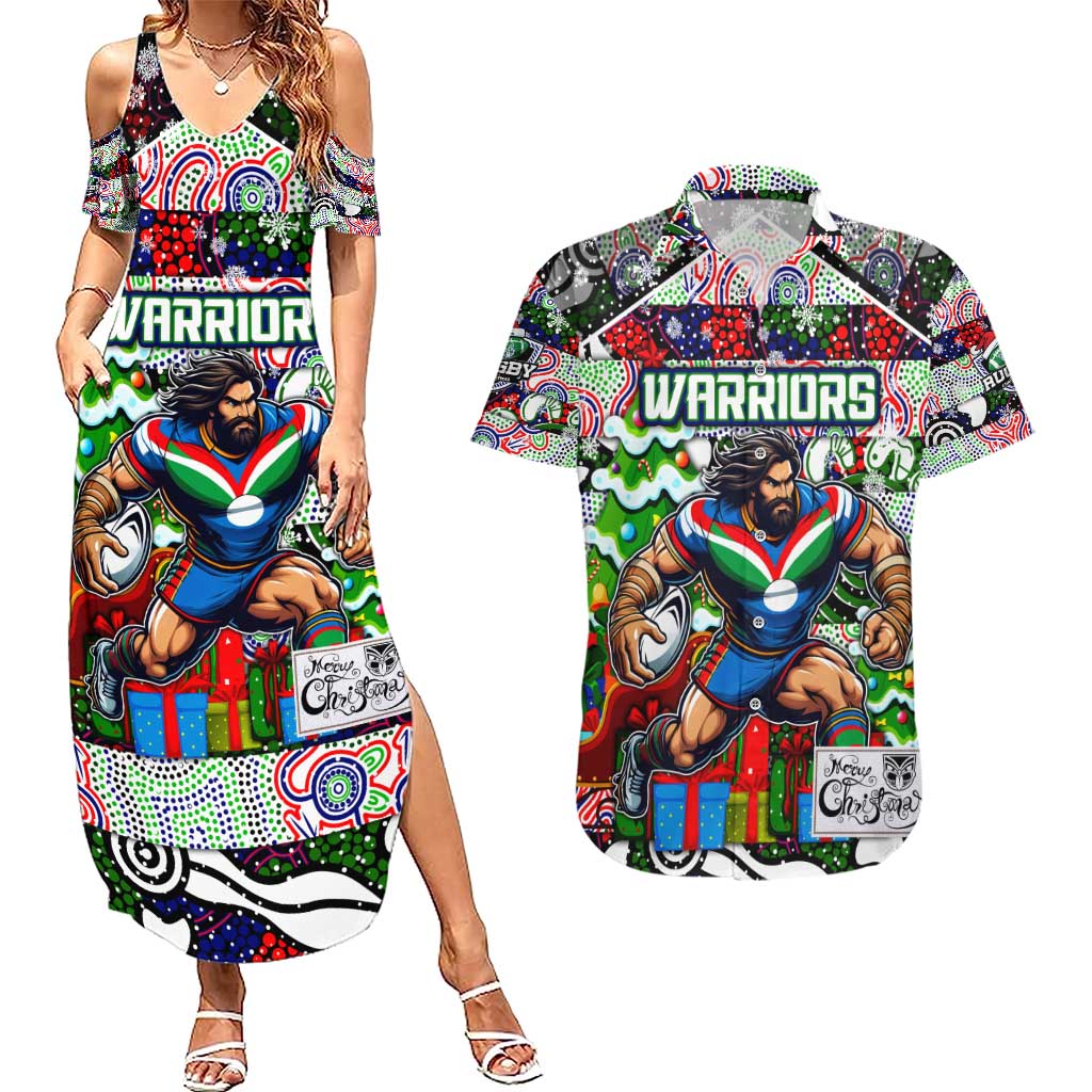 Custom New Zealand Warriors Rugby Merry Christmas Couples Matching Summer Maxi Dress and Hawaiian Shirt Indigenous Australian Art