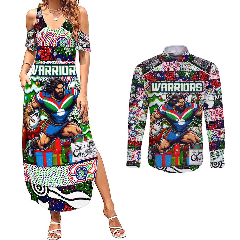 Custom New Zealand Warriors Rugby Merry Christmas Couples Matching Summer Maxi Dress and Long Sleeve Button Shirt Indigenous Australian Art