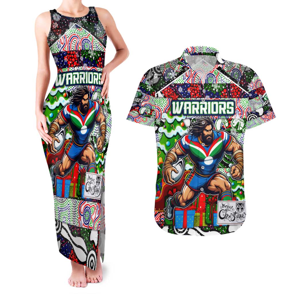 Custom New Zealand Warriors Rugby Merry Christmas Couples Matching Tank Maxi Dress and Hawaiian Shirt Indigenous Australian Art