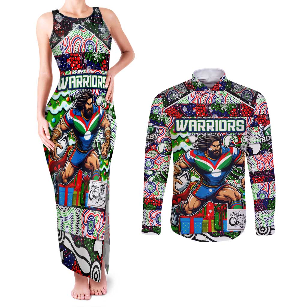 Custom New Zealand Warriors Rugby Merry Christmas Couples Matching Tank Maxi Dress and Long Sleeve Button Shirt Indigenous Australian Art