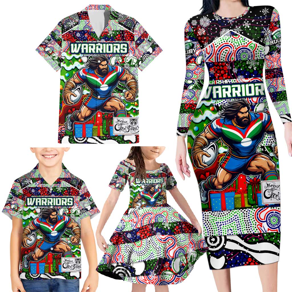 Custom New Zealand Warriors Rugby Merry Christmas Family Matching Long Sleeve Bodycon Dress and Hawaiian Shirt Indigenous Australian Art