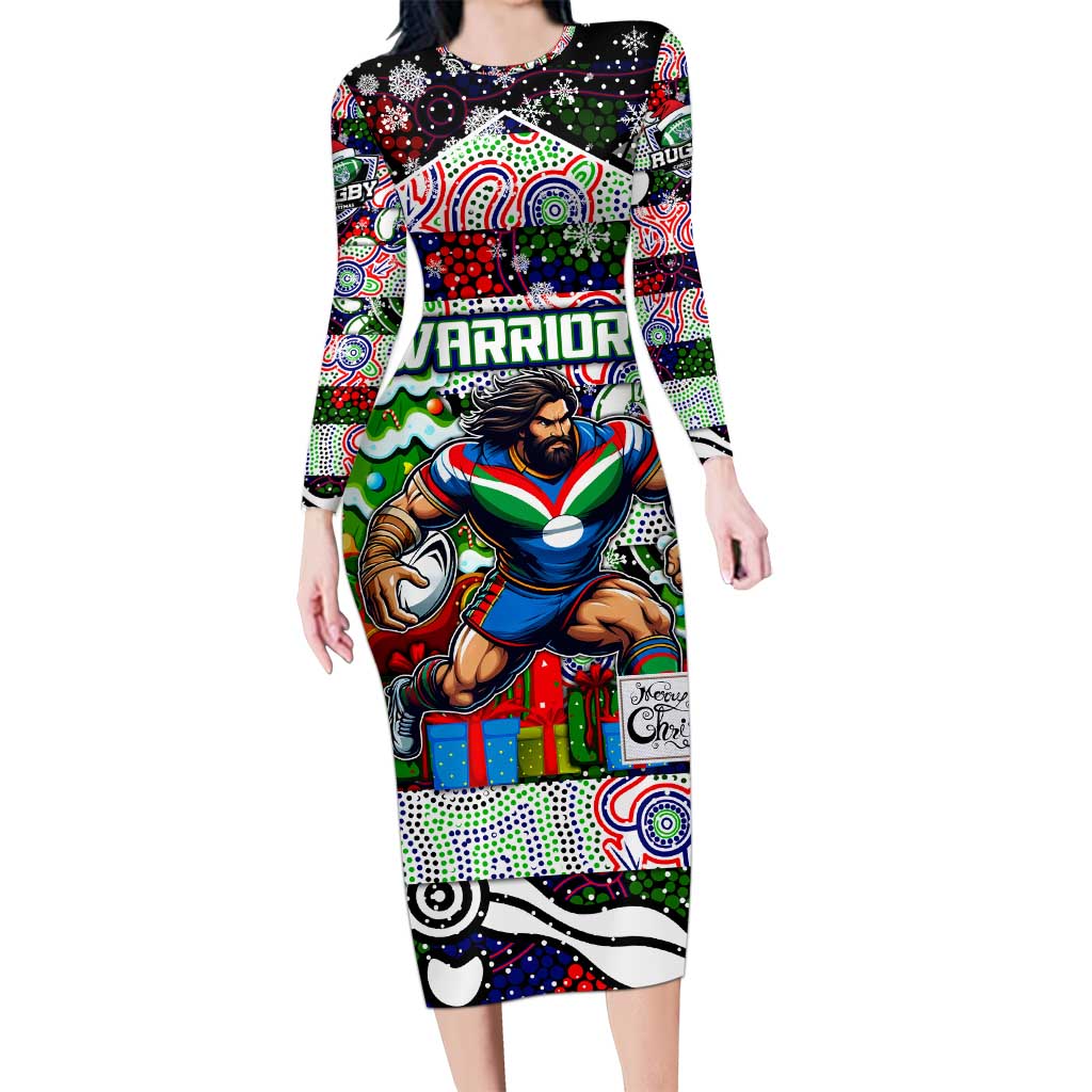 Custom New Zealand Warriors Rugby Merry Christmas Family Matching Long Sleeve Bodycon Dress and Hawaiian Shirt Indigenous Australian Art