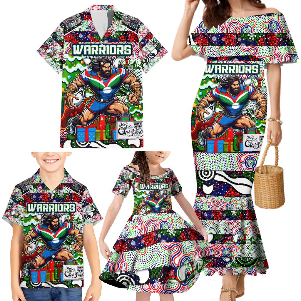 Custom New Zealand Warriors Rugby Merry Christmas Family Matching Mermaid Dress and Hawaiian Shirt Indigenous Australian Art