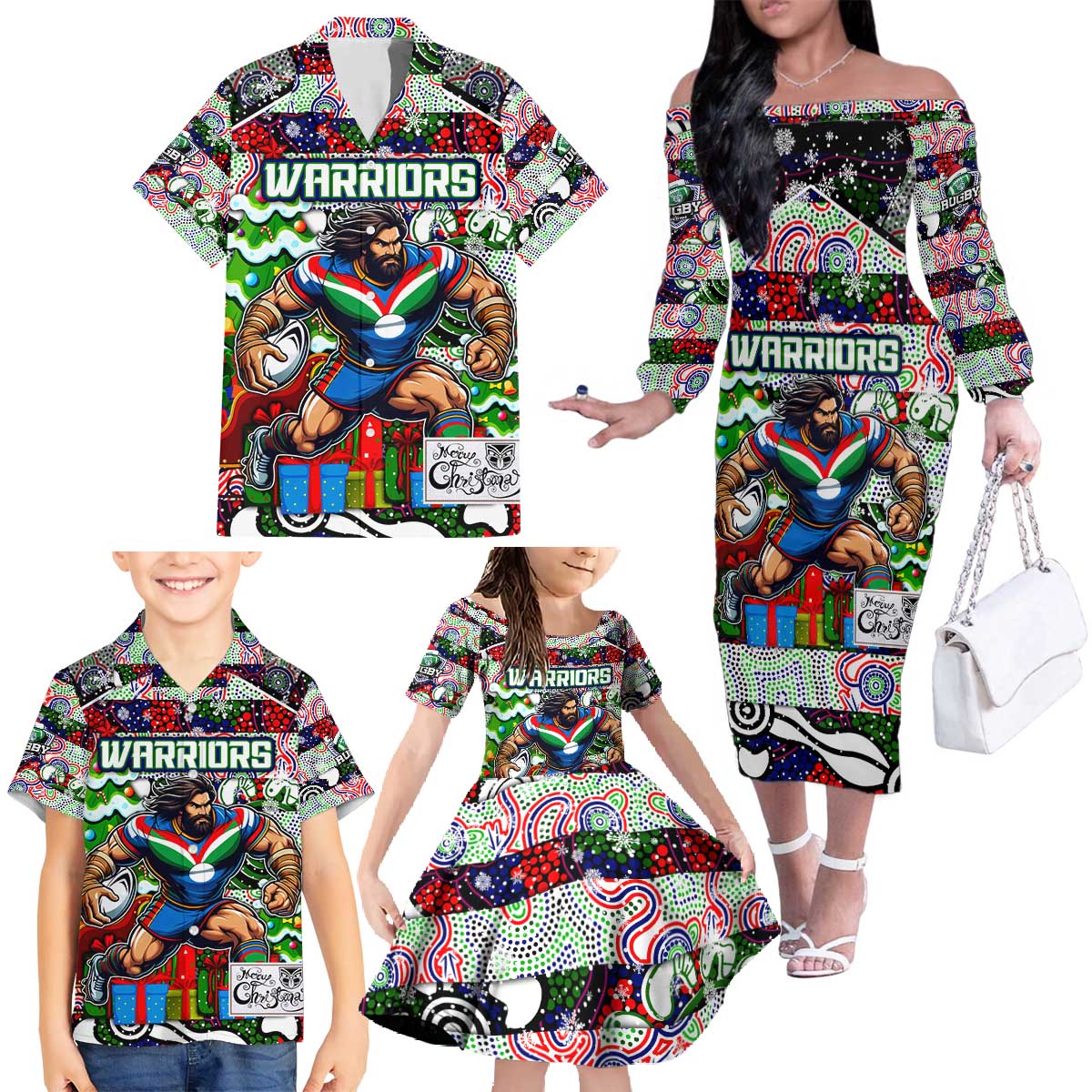 Custom New Zealand Warriors Rugby Merry Christmas Family Matching Off The Shoulder Long Sleeve Dress and Hawaiian Shirt Indigenous Australian Art
