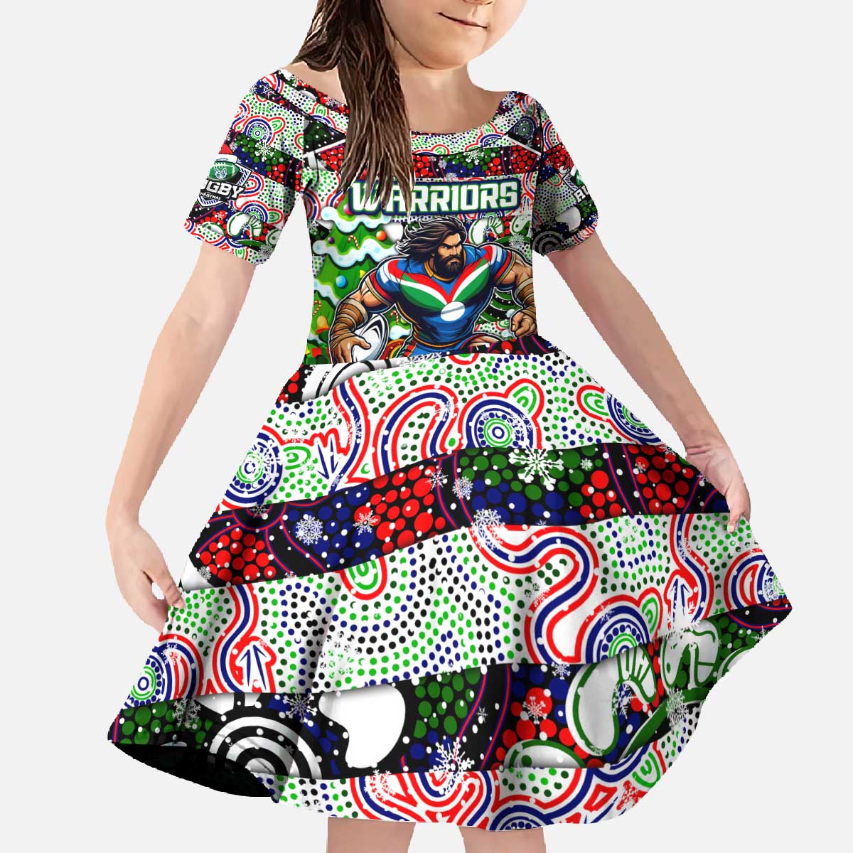 Custom New Zealand Warriors Rugby Merry Christmas Family Matching Off The Shoulder Long Sleeve Dress and Hawaiian Shirt Indigenous Australian Art