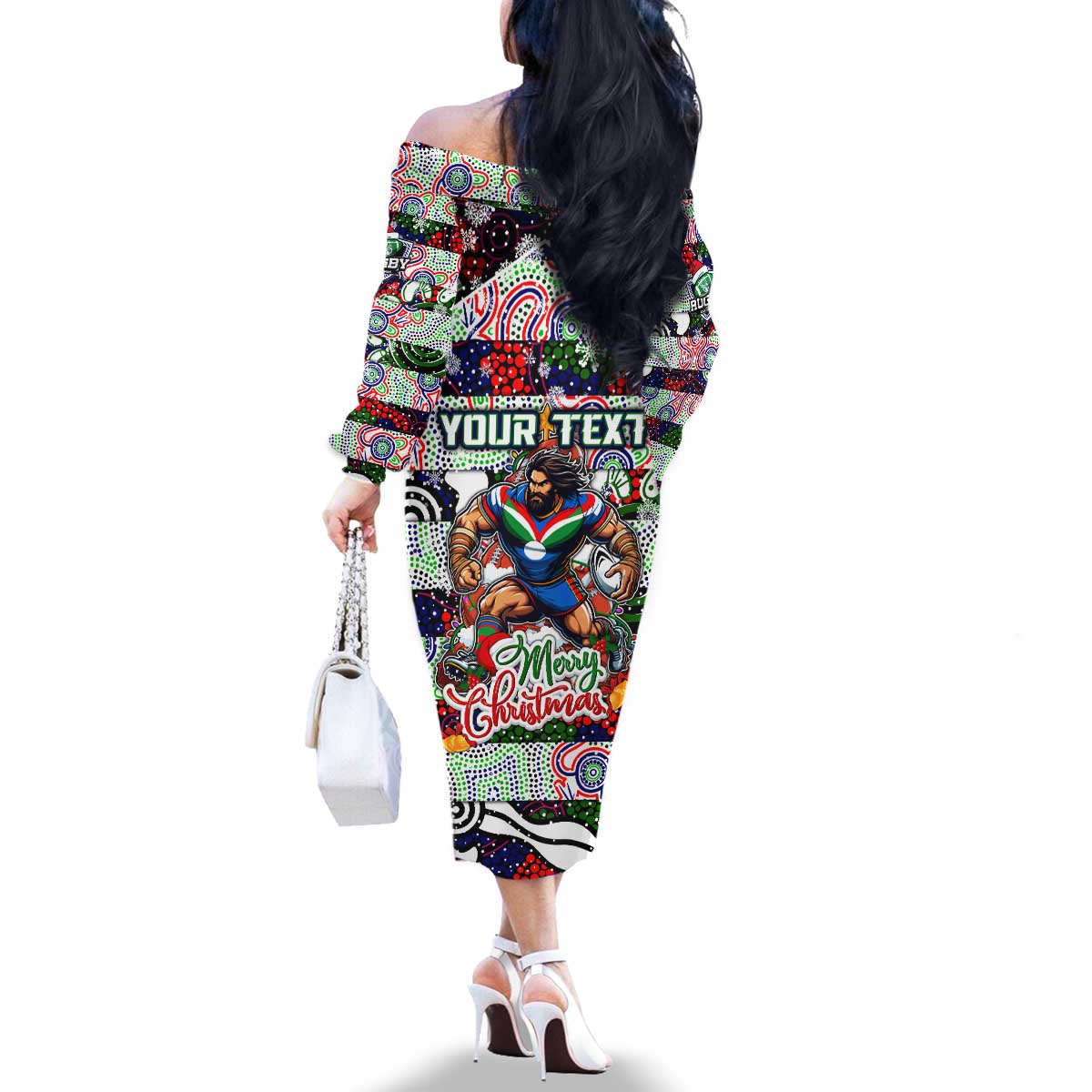 Custom New Zealand Warriors Rugby Merry Christmas Family Matching Off The Shoulder Long Sleeve Dress and Hawaiian Shirt Indigenous Australian Art