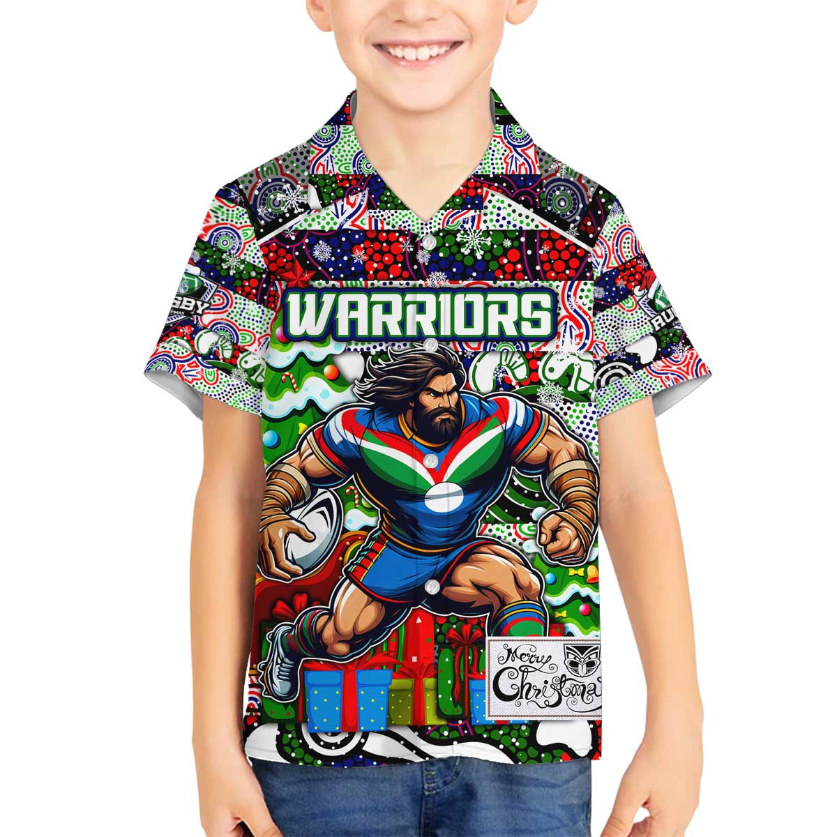 Custom New Zealand Warriors Rugby Merry Christmas Family Matching Off The Shoulder Long Sleeve Dress and Hawaiian Shirt Indigenous Australian Art