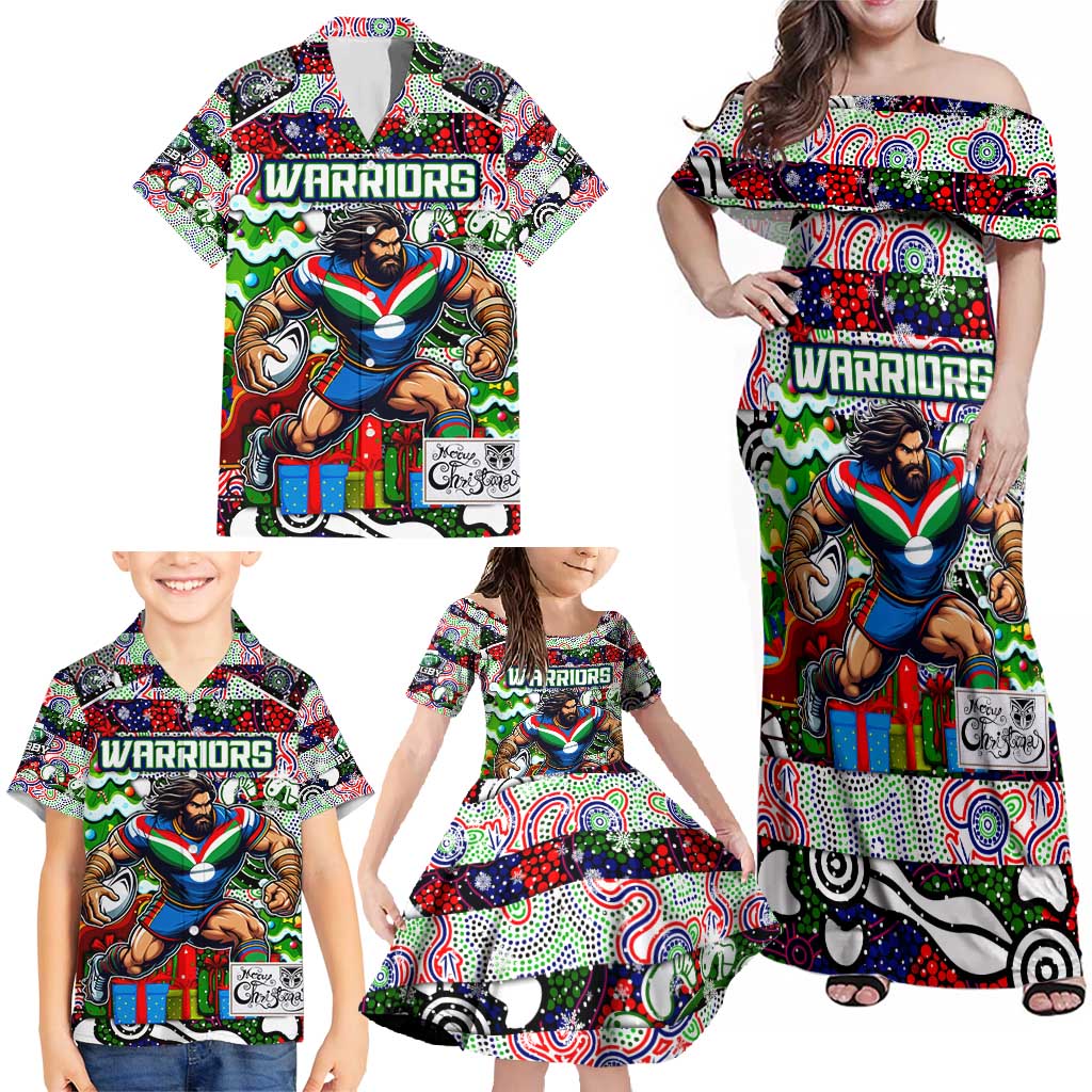 Custom New Zealand Warriors Rugby Merry Christmas Family Matching Off Shoulder Maxi Dress and Hawaiian Shirt Indigenous Australian Art