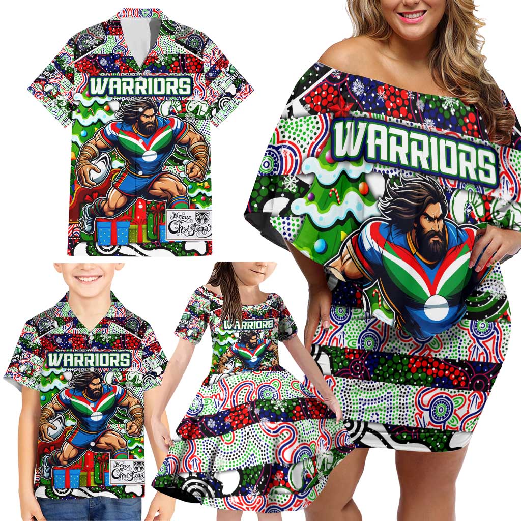 Custom New Zealand Warriors Rugby Merry Christmas Family Matching Off Shoulder Short Dress and Hawaiian Shirt Indigenous Australian Art