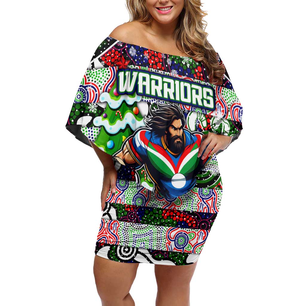 Custom New Zealand Warriors Rugby Merry Christmas Family Matching Off Shoulder Short Dress and Hawaiian Shirt Indigenous Australian Art