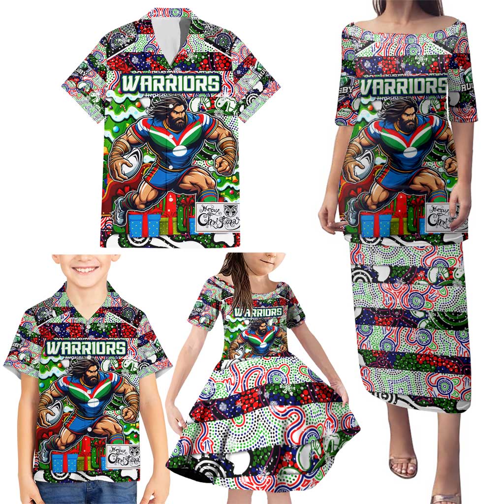 Custom New Zealand Warriors Rugby Merry Christmas Family Matching Puletasi and Hawaiian Shirt Indigenous Australian Art