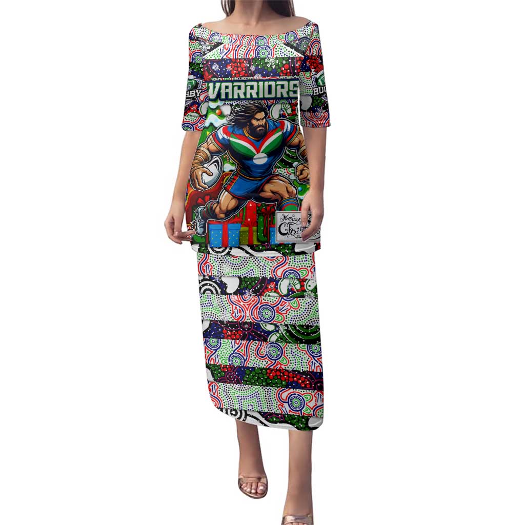 Custom New Zealand Warriors Rugby Merry Christmas Family Matching Puletasi and Hawaiian Shirt Indigenous Australian Art