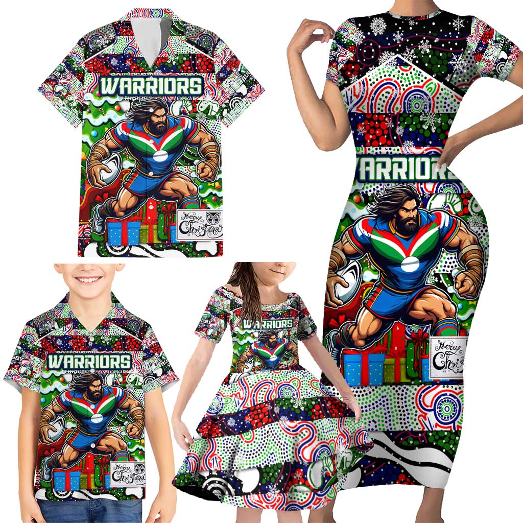 Custom New Zealand Warriors Rugby Merry Christmas Family Matching Short Sleeve Bodycon Dress and Hawaiian Shirt Indigenous Australian Art