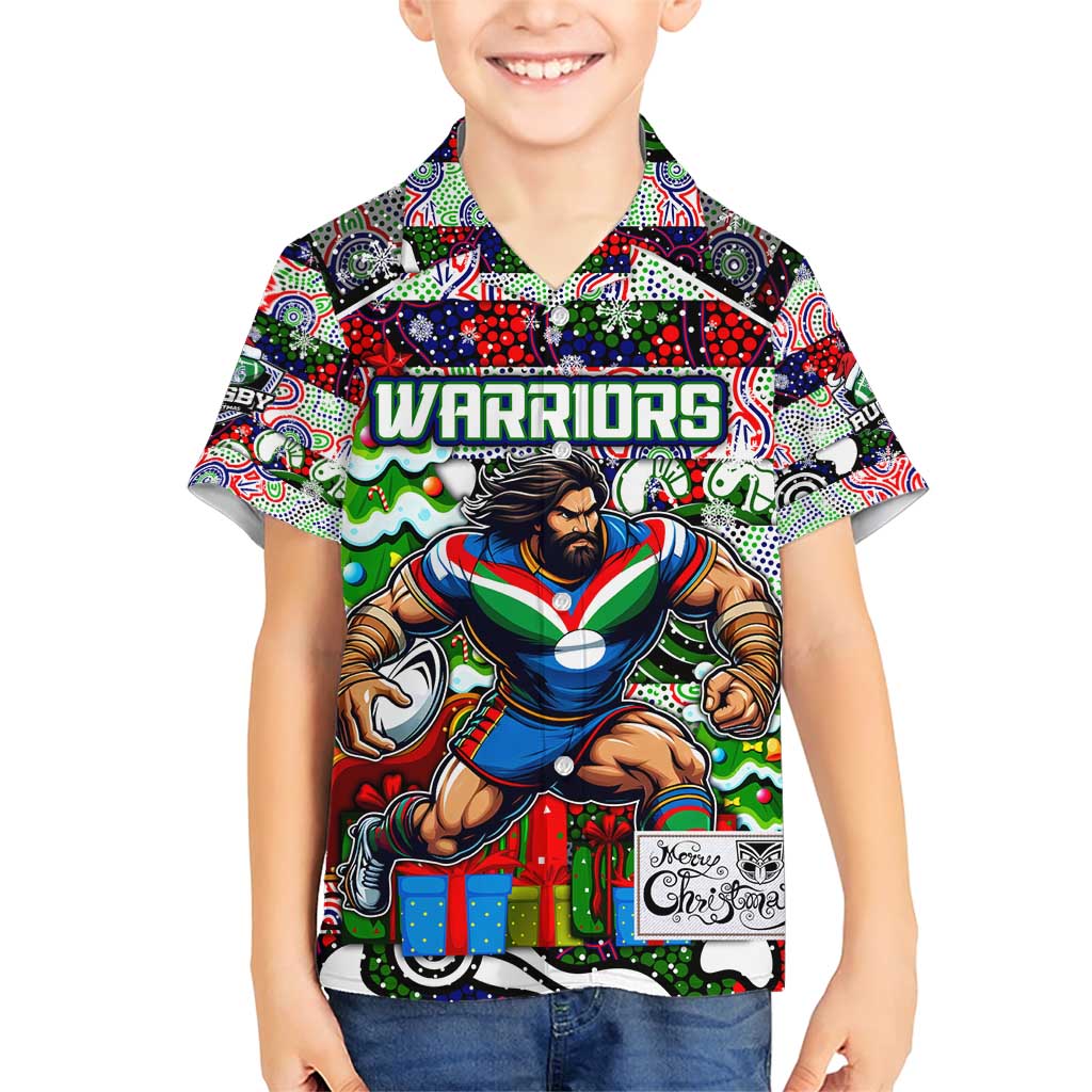 Custom New Zealand Warriors Rugby Merry Christmas Family Matching Short Sleeve Bodycon Dress and Hawaiian Shirt Indigenous Australian Art