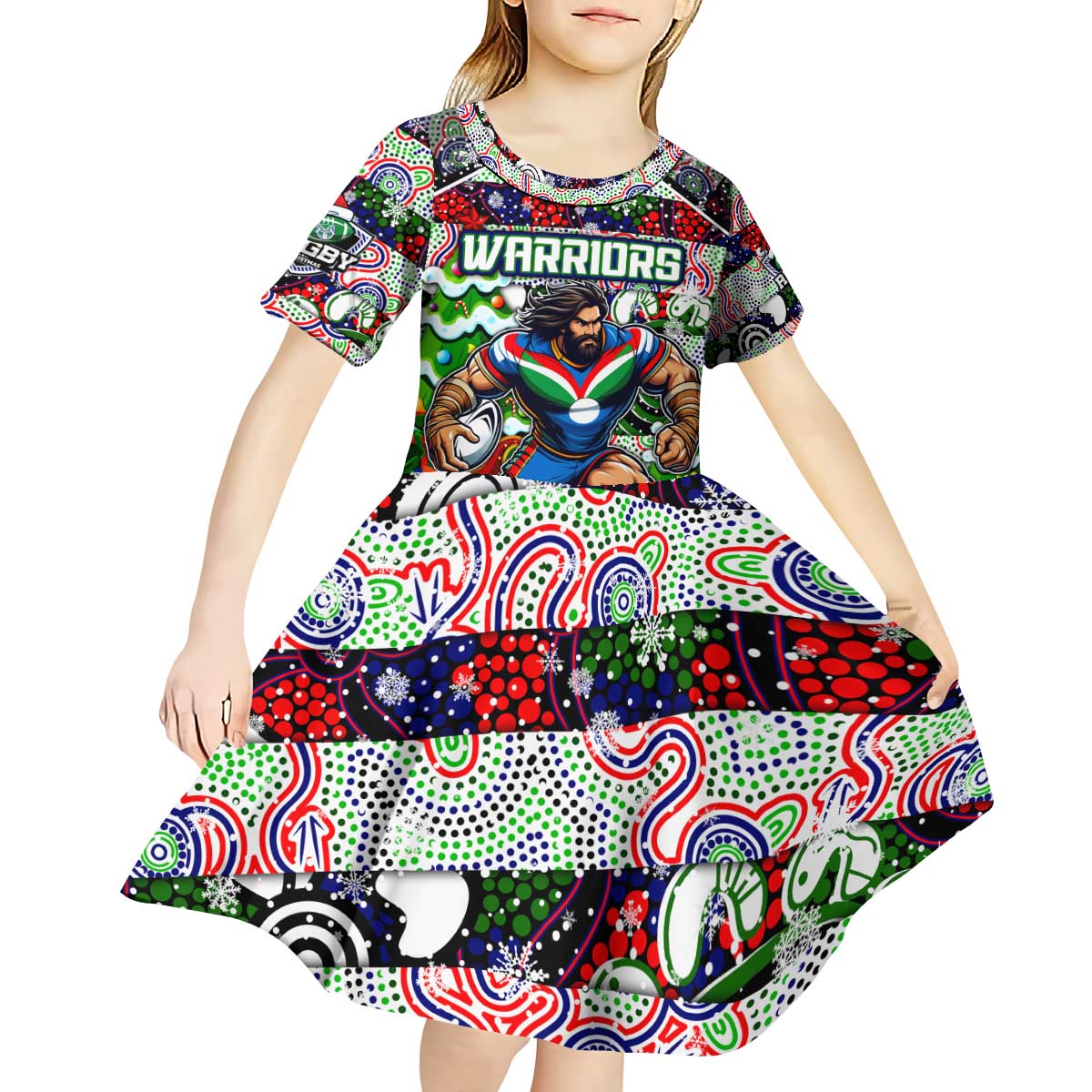 Custom New Zealand Warriors Rugby Merry Christmas Kid Short Sleeve Dress Indigenous Australian Art - Vibe Hoodie Shop