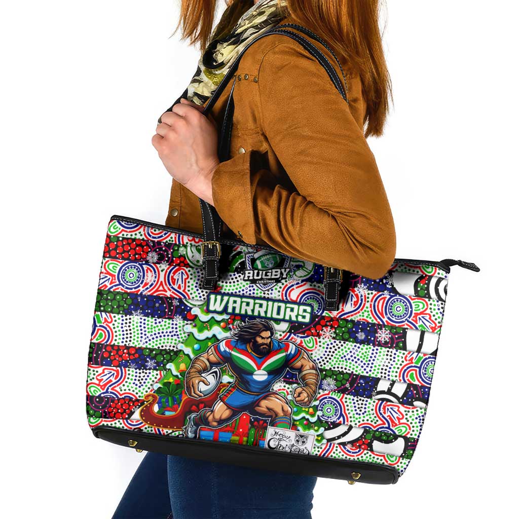 New Zealand Warriors Rugby Merry Christmas Leather Tote Bag Indigenous Australian Art