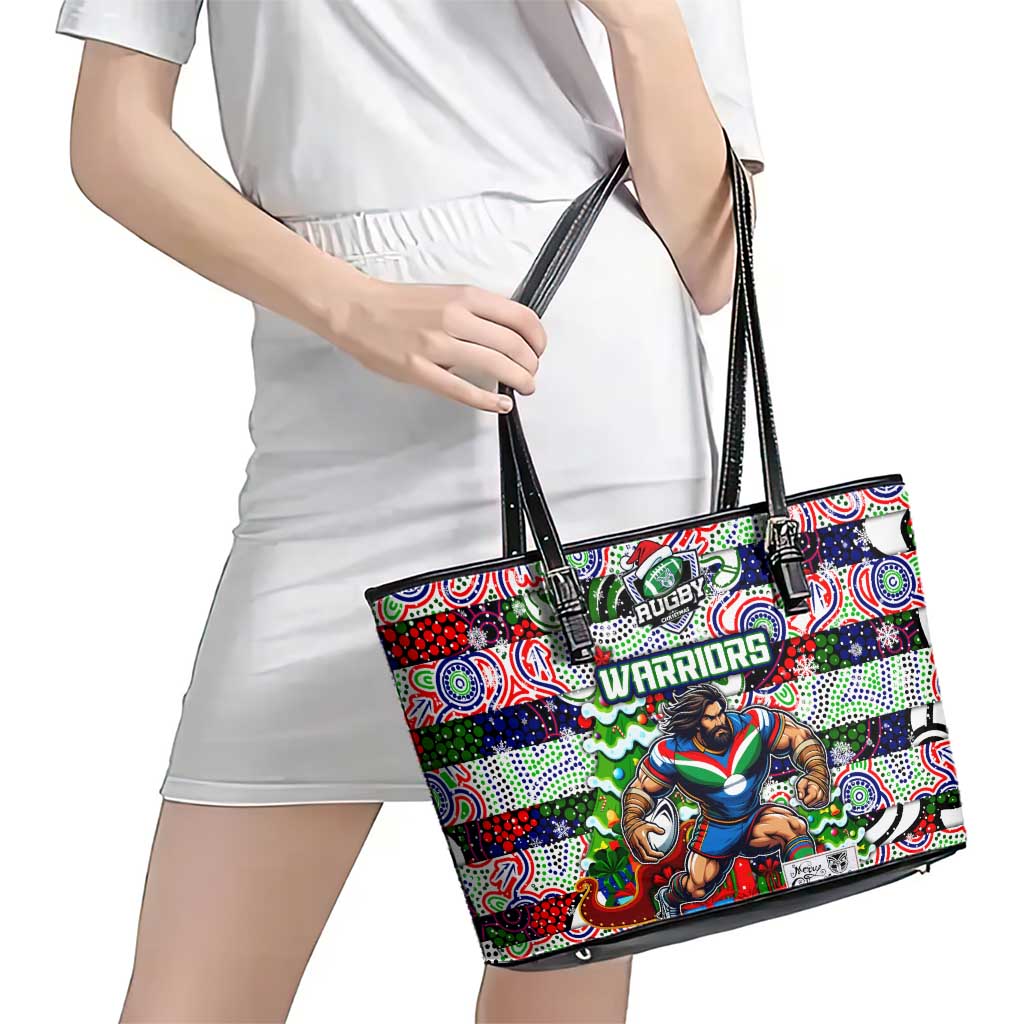 New Zealand Warriors Rugby Merry Christmas Leather Tote Bag Indigenous Australian Art