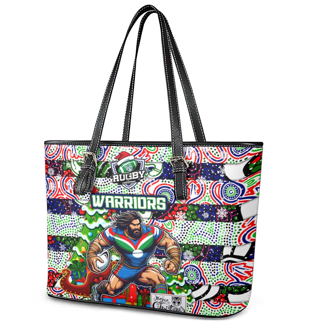 New Zealand Warriors Rugby Merry Christmas Leather Tote Bag Indigenous Australian Art