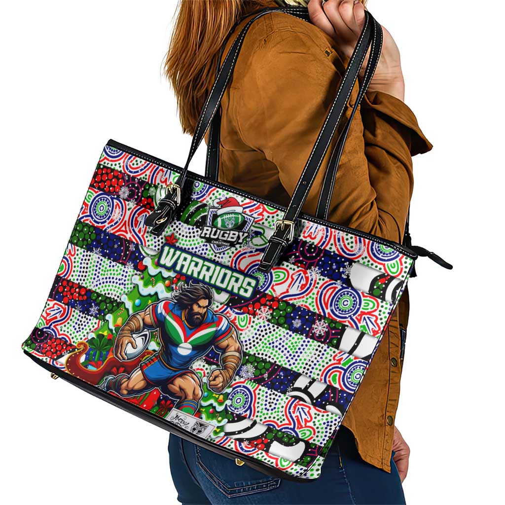 New Zealand Warriors Rugby Merry Christmas Leather Tote Bag Indigenous Australian Art