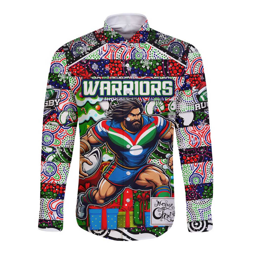 Custom New Zealand Warriors Rugby Merry Christmas Long Sleeve Button Shirt Indigenous Australian Art - Vibe Hoodie Shop