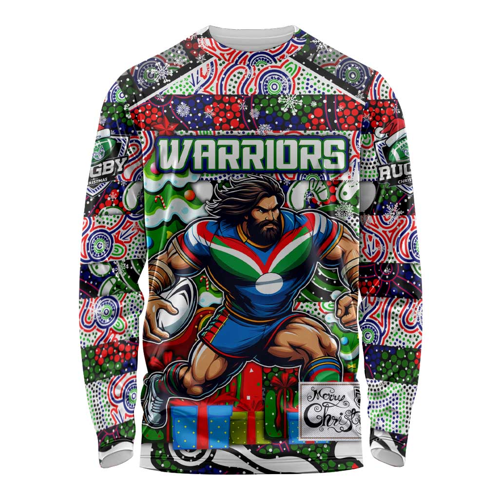 Custom New Zealand Warriors Rugby Merry Christmas Long Sleeve Shirt Indigenous Australian Art - Vibe Hoodie Shop