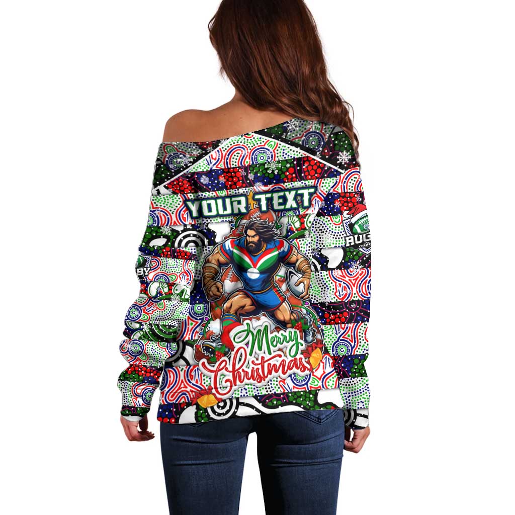 Custom New Zealand Warriors Rugby Merry Christmas Off Shoulder Sweater Indigenous Australian Art - Vibe Hoodie Shop