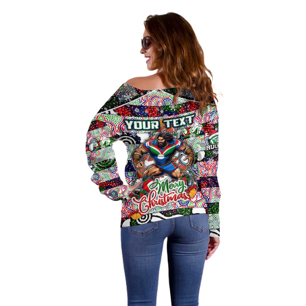 Custom New Zealand Warriors Rugby Merry Christmas Off Shoulder Sweater Indigenous Australian Art - Vibe Hoodie Shop