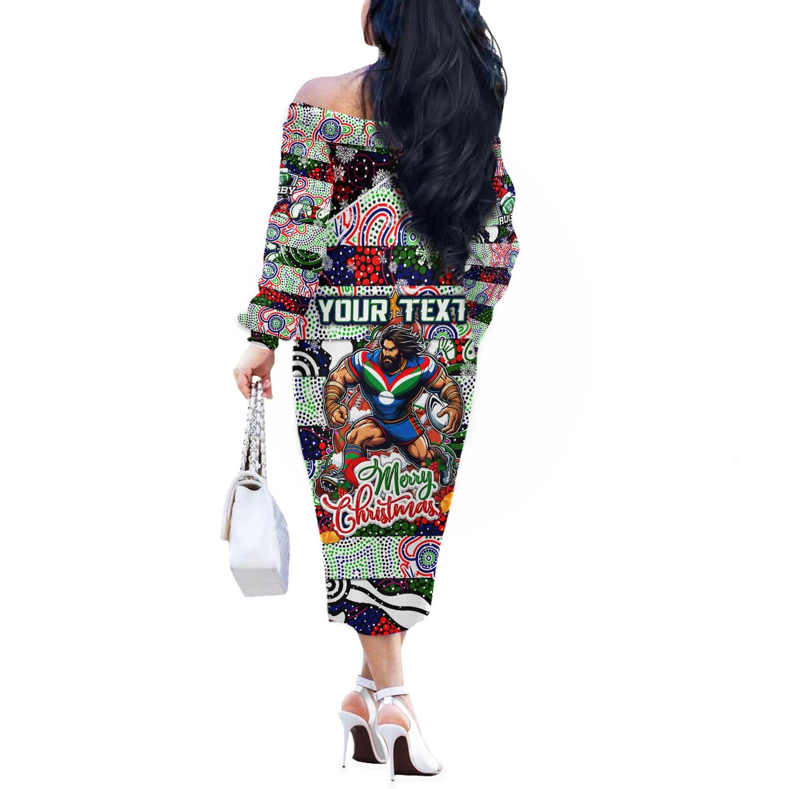 Custom New Zealand Warriors Rugby Merry Christmas Off The Shoulder Long Sleeve Dress Indigenous Australian Art