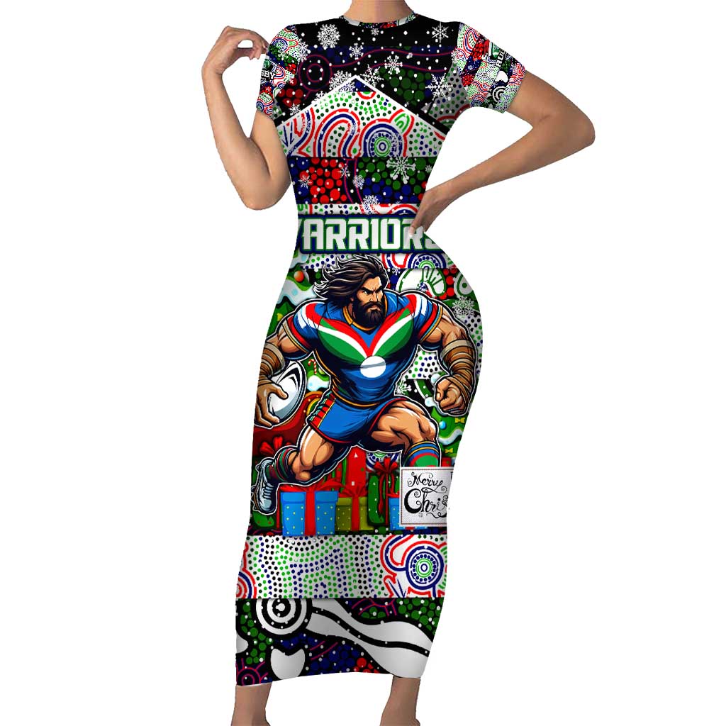 Custom New Zealand Warriors Rugby Merry Christmas Short Sleeve Bodycon Dress Indigenous Australian Art