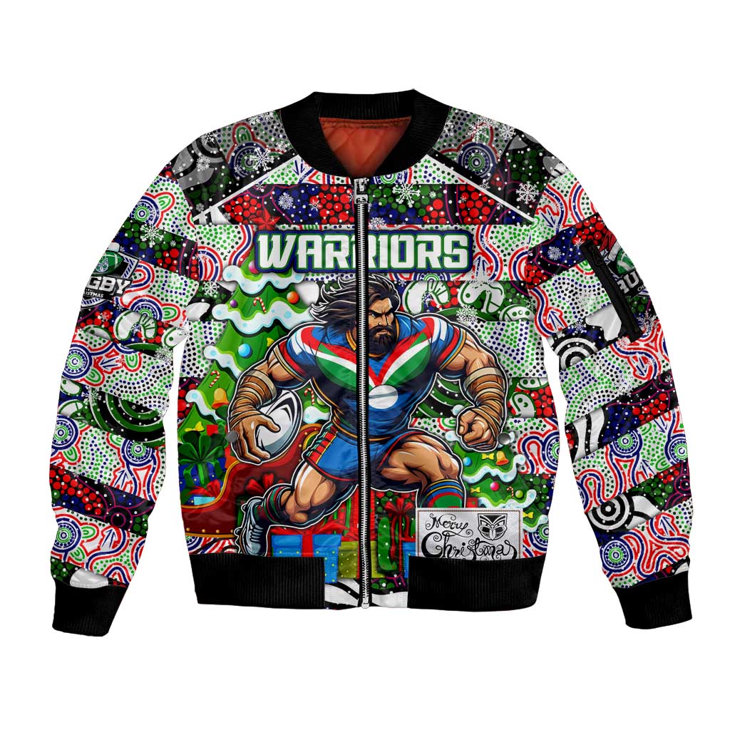 Custom New Zealand Warriors Rugby Merry Christmas Sleeve Zip Bomber Jacket Indigenous Australian Art