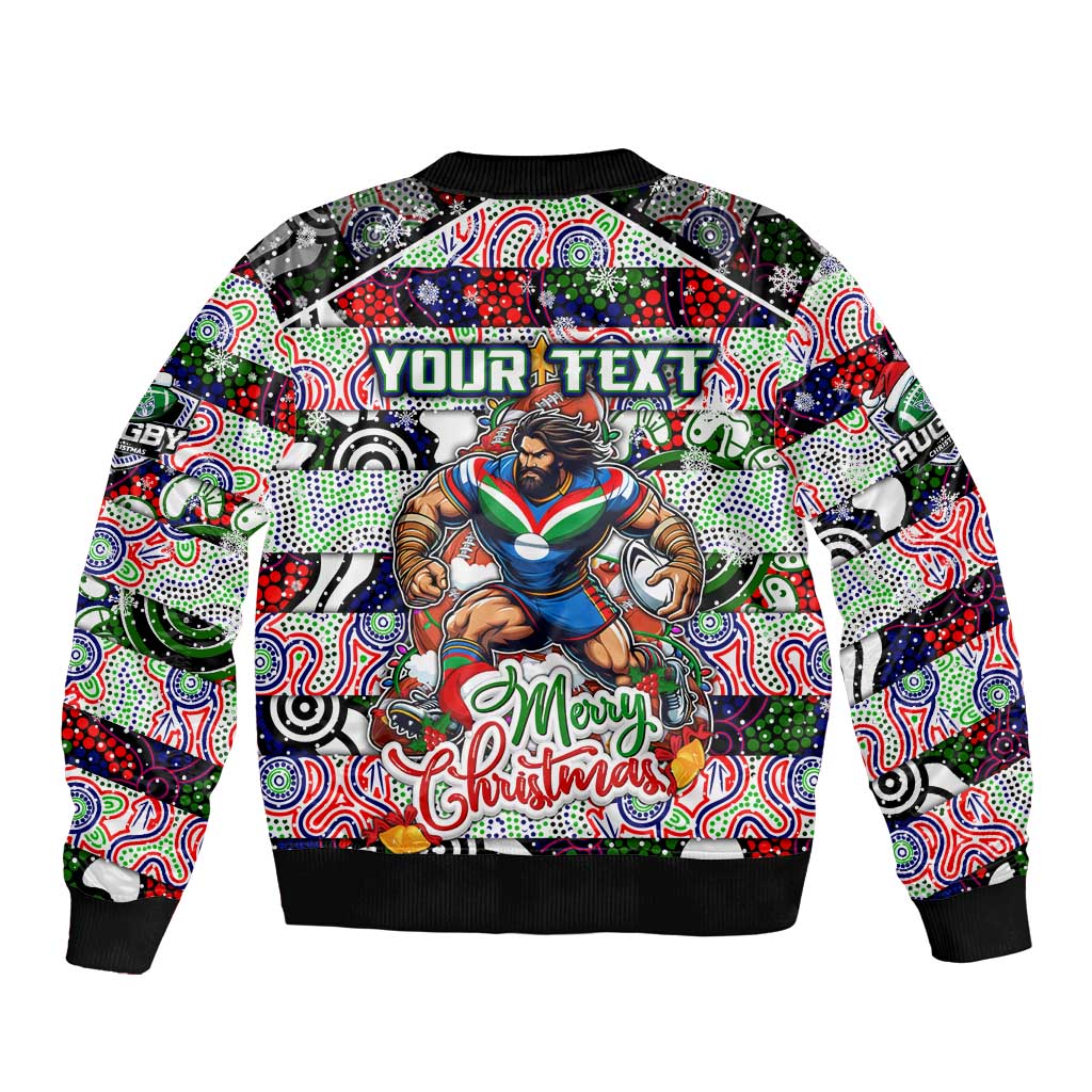 Custom New Zealand Warriors Rugby Merry Christmas Sleeve Zip Bomber Jacket Indigenous Australian Art