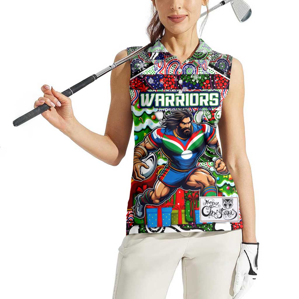 Custom New Zealand Warriors Rugby Merry Christmas Women Sleeveless Polo Shirt Indigenous Australian Art
