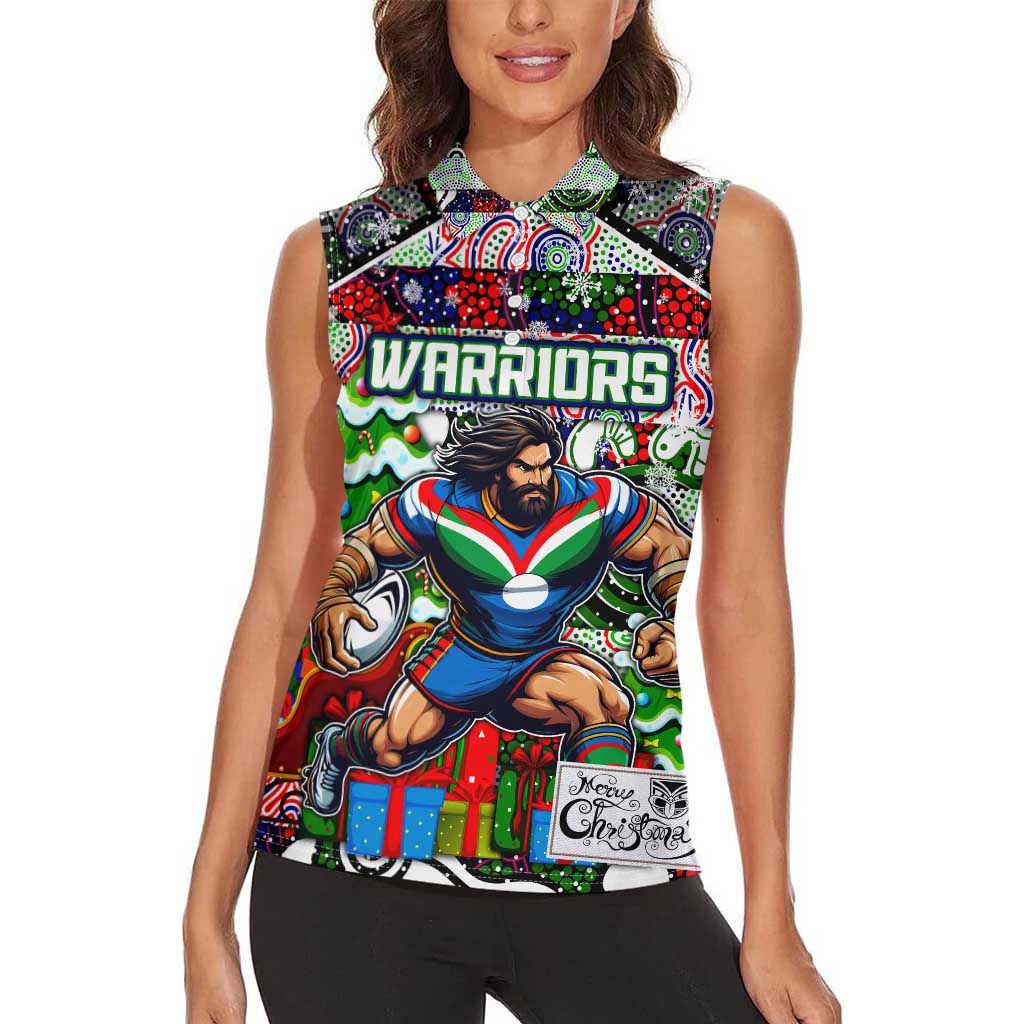Custom New Zealand Warriors Rugby Merry Christmas Women Sleeveless Polo Shirt Indigenous Australian Art